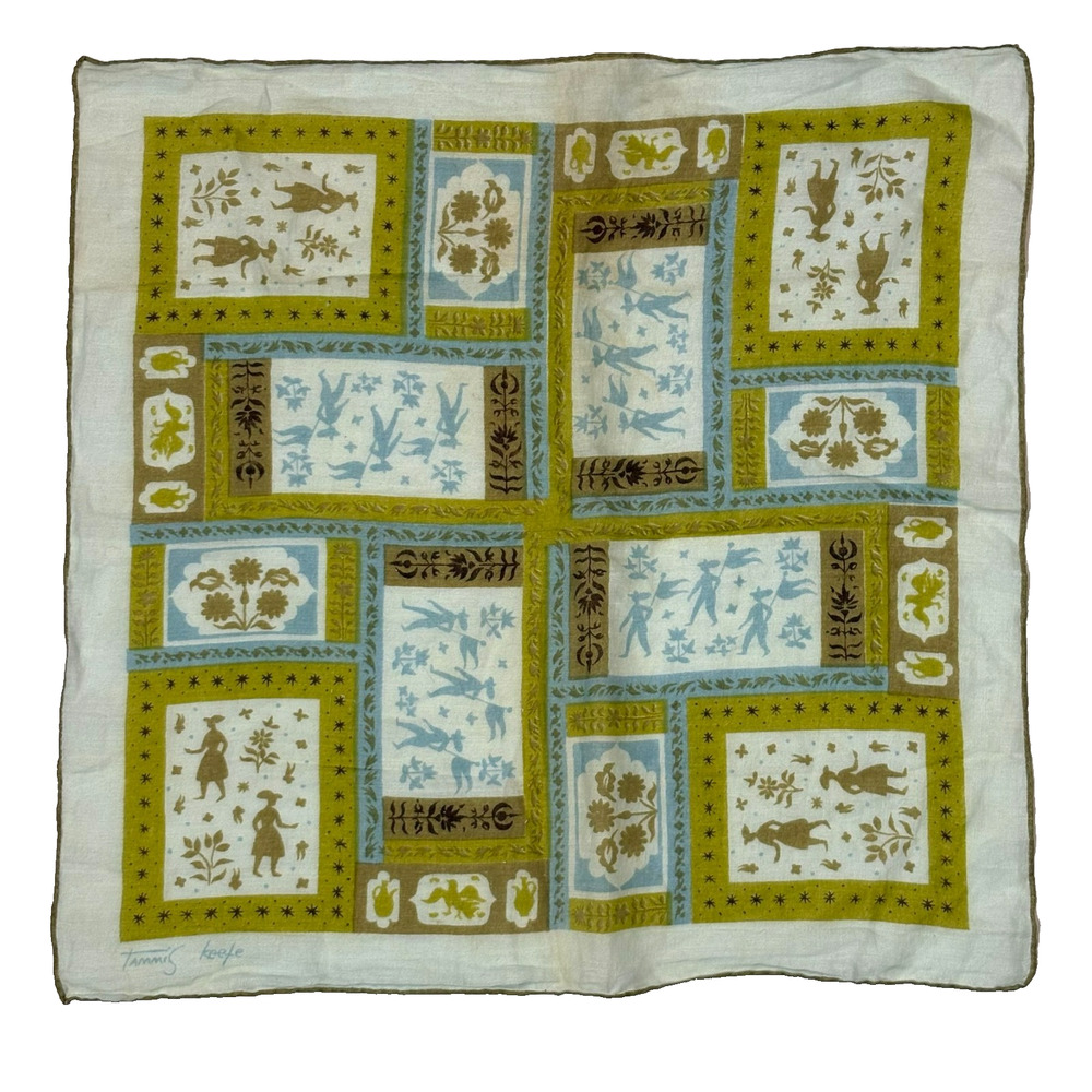 Vintage TAMMIS KEEFE Linen Handkerchief Colonial inspired people floral flags